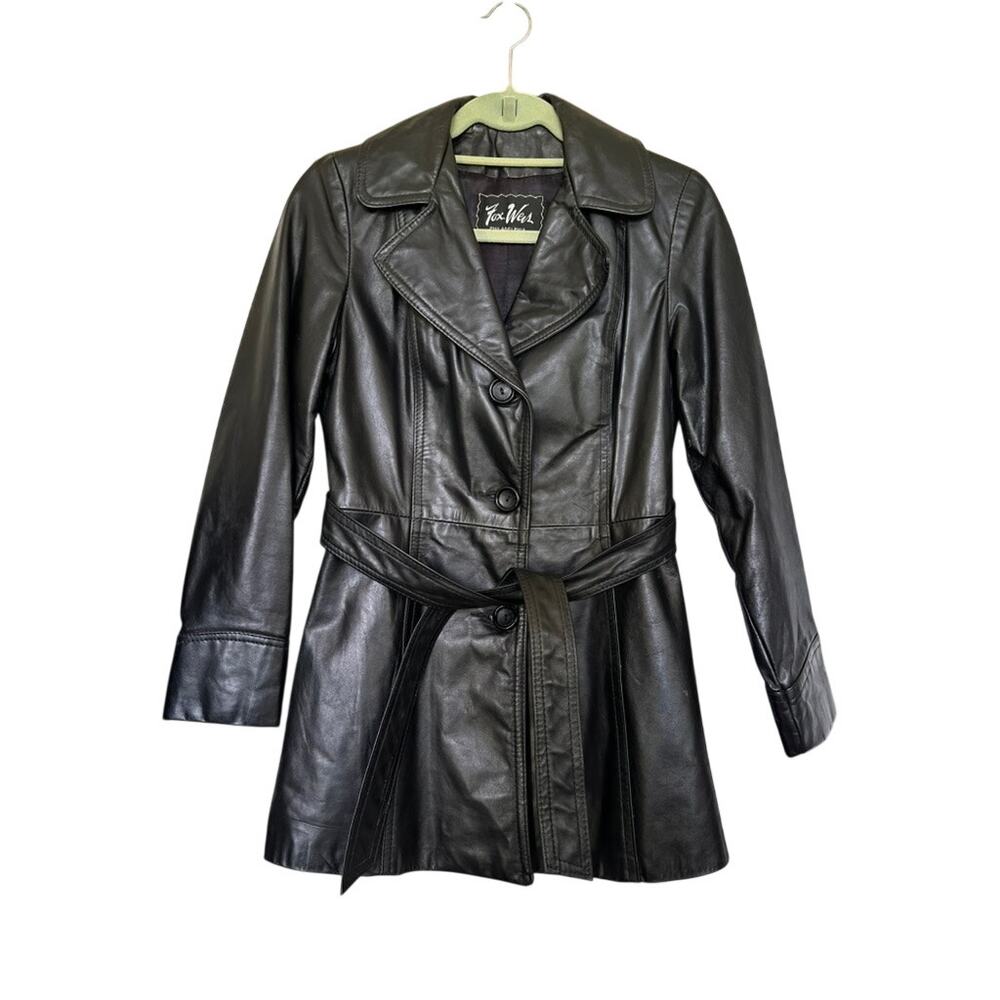 Vintage Fox Weis Black Leather Belted Trench Coat Mid-Thigh Jacket Tag size 5-6